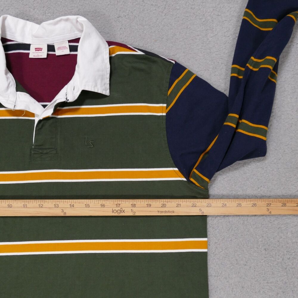 Levis Rugby Shirt Mens Large Relaxed Fit Green Striped Long Sleeve Polo - Picture 9 of 15